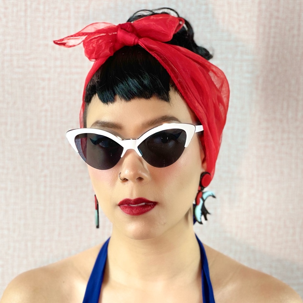 Perfect Pinup White Retro Cateye Frameless Bottom Half Rim Vintage Sunglasses